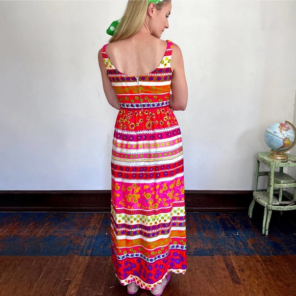 Vintage 60s 70s Psychedelic Hippie Floral Maxi Sleeveless Dress / Small - Picture 5 of 9